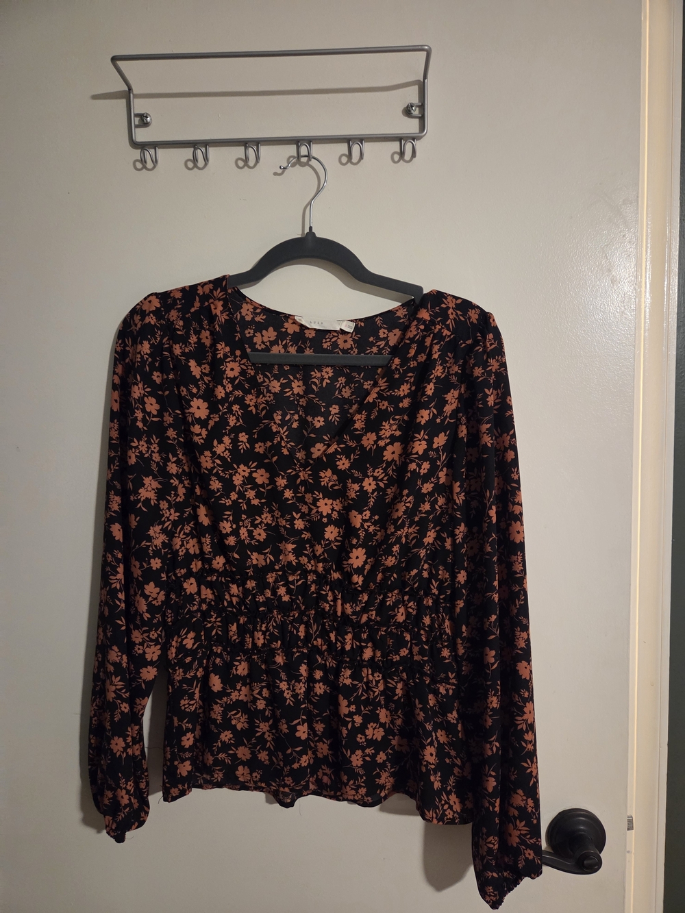 Floral Peplum Long-Sleeve Blouse - Black with Rust Floral
